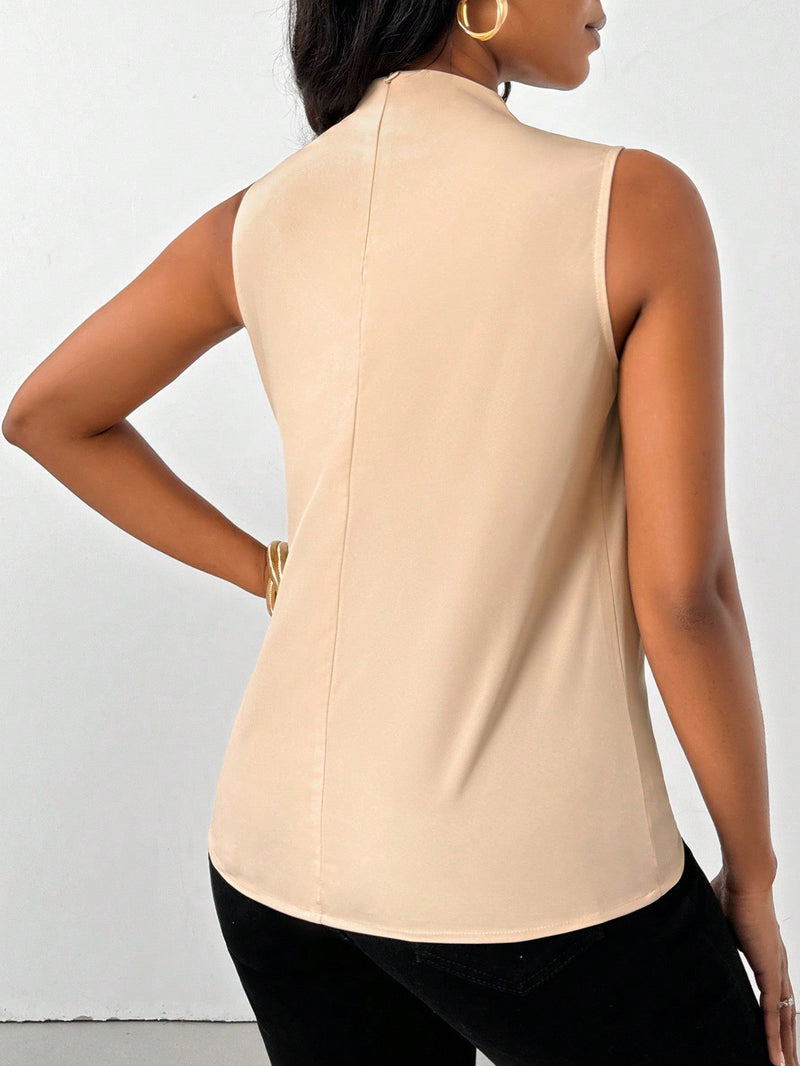 NEW  Slayr Blusa de verano casual con cuello alto, sin mangas y plisada de unicolor