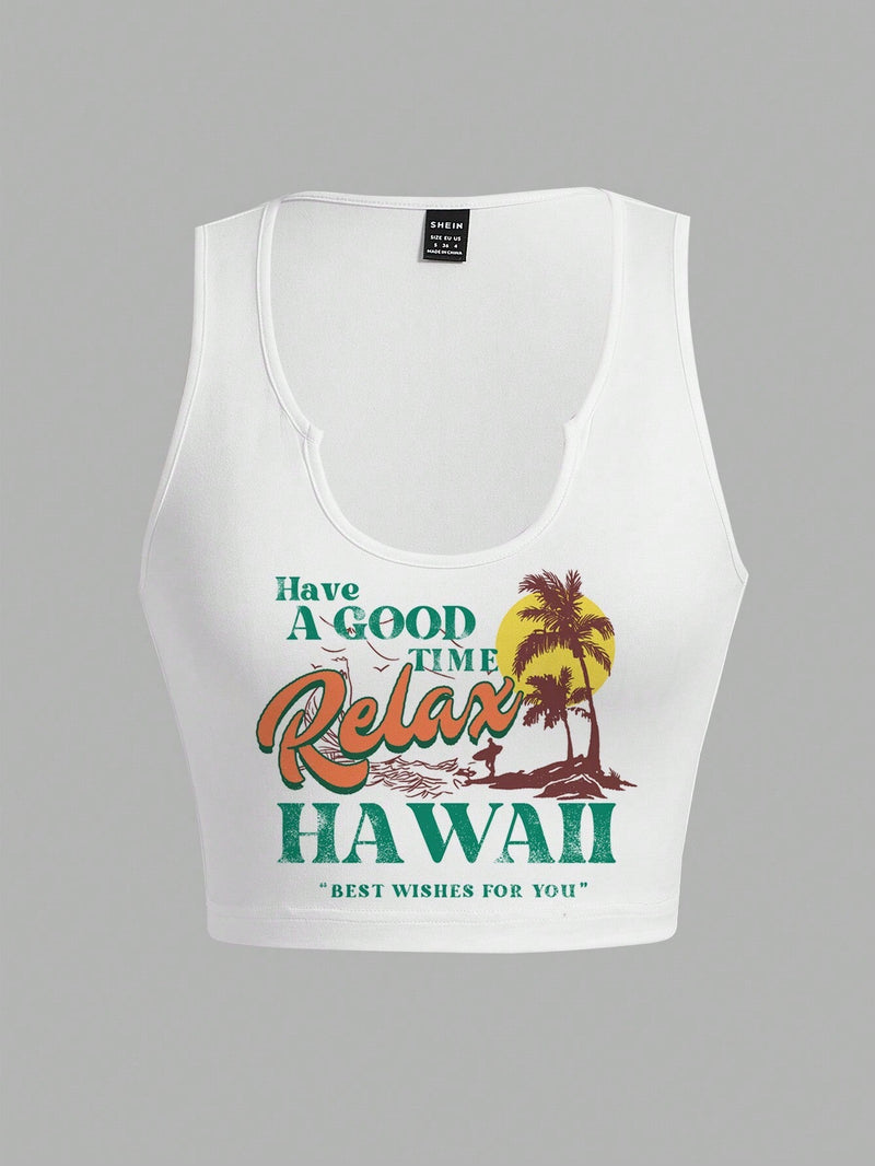 Camiseta corta sin mangas de impresion de palmeras hawaianas ajustada y casual para mujeres, verano