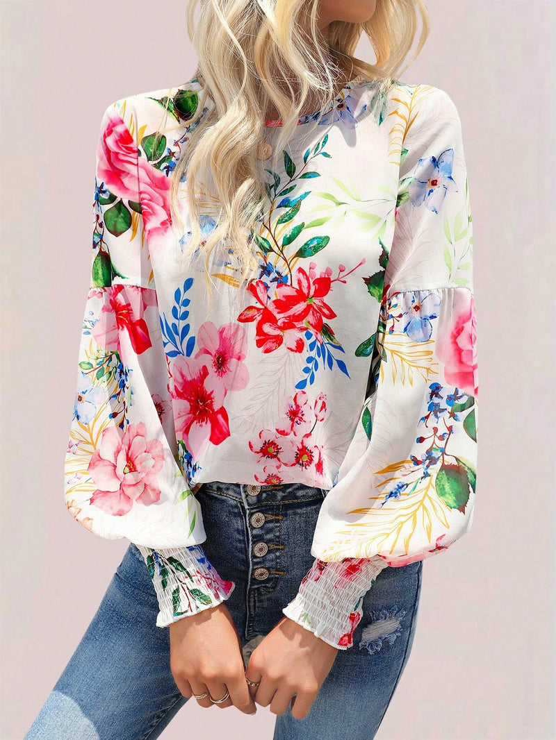 Frenchy Blusa primaveral con estampado floral, estilo de vacaciones con mangas de volantes