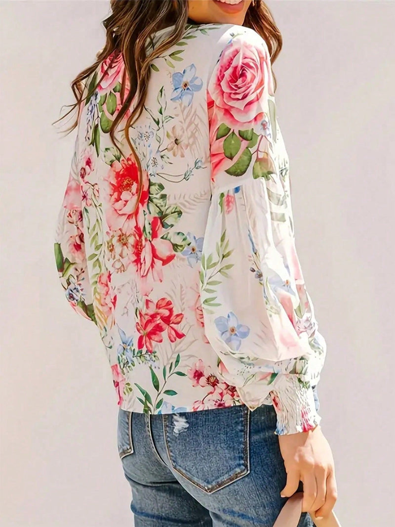 Frenchy Blusa primaveral con estampado floral, estilo de vacaciones con mangas de volantes