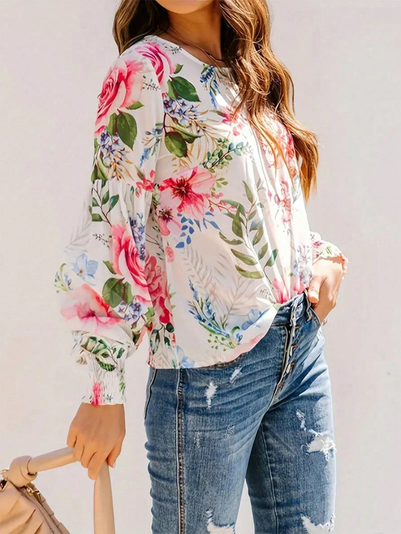 Frenchy Blusa primaveral con estampado floral, estilo de vacaciones con mangas de volantes