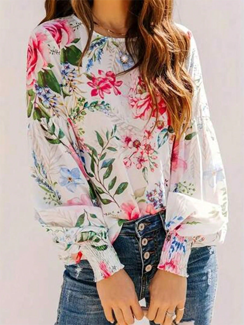 Frenchy Blusa primaveral con estampado floral, estilo de vacaciones con mangas de volantes