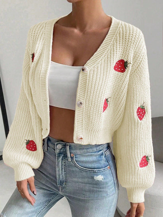 Moosta cardigan holgado de mujer con mangas farol, hombros caidos y bordado de fresa de estilo casual