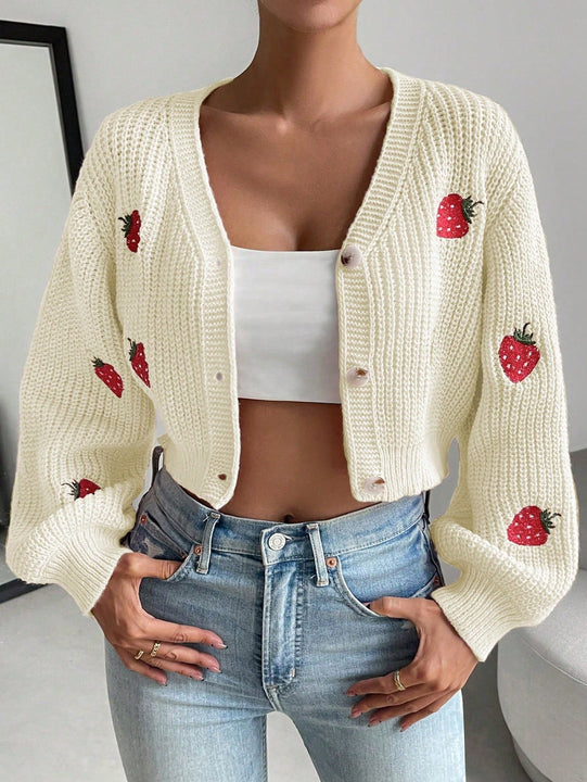 Moosta cardigan holgado de mujer con mangas farol, hombros caidos y bordado de fresa de estilo casual