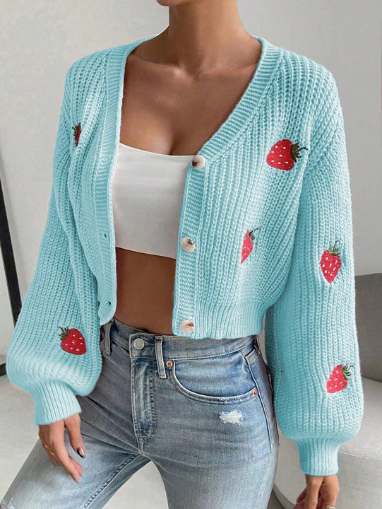 Moosta cardigan holgado de mujer con mangas farol, hombros caidos y bordado de fresa de estilo casual