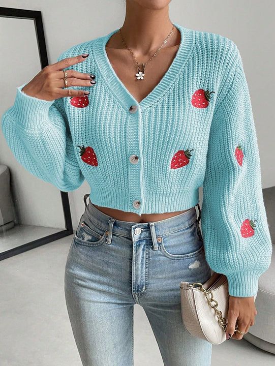 Moosta cardigan holgado de mujer con mangas farol, hombros caidos y bordado de fresa de estilo casual
