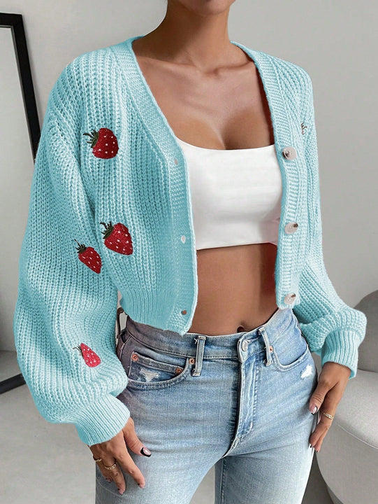 Moosta cardigan holgado de mujer con mangas farol, hombros caidos y bordado de fresa de estilo casual