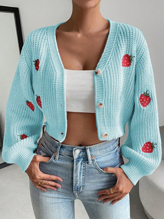 Moosta cardigan holgado de mujer con mangas farol, hombros caidos y bordado de fresa de estilo casual