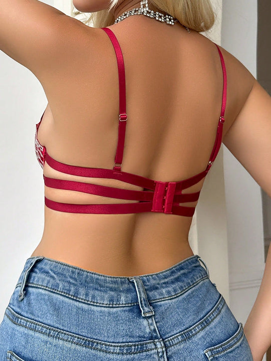 Sexy sujetador de encaje de dos tonos para mujeres con media copa y detalles florales en los bordes