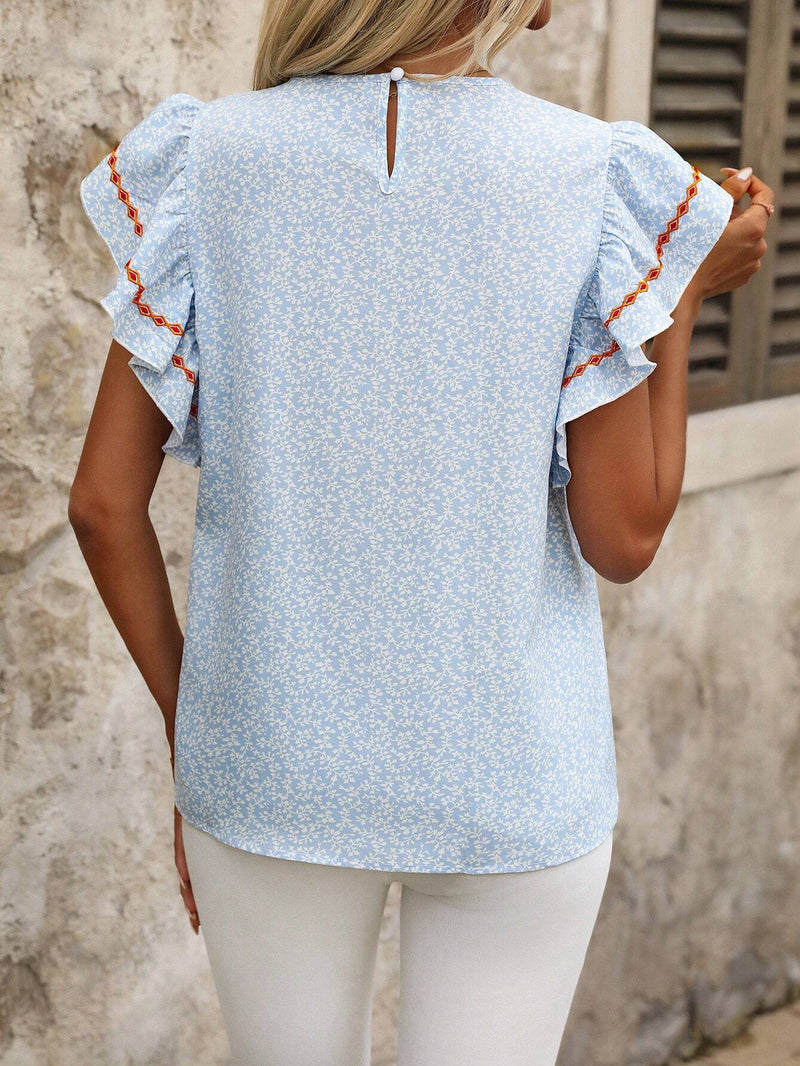 Camisa con bordado floral y dobladillo con volantes, ideal para vacaciones de verano y tiempo de ocio