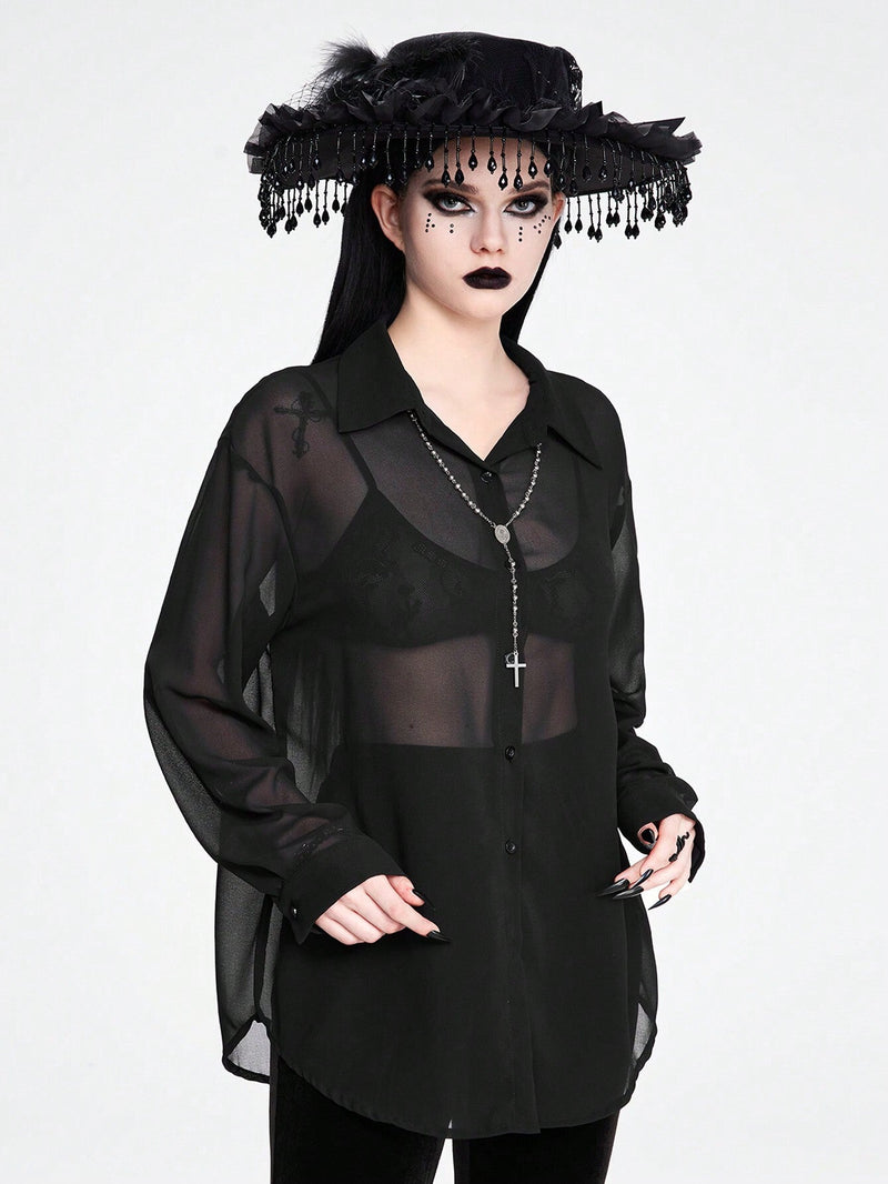 ROMWE Goth Camisa de mujer oscura gotica con transparencias y ajuste holgado, versatil