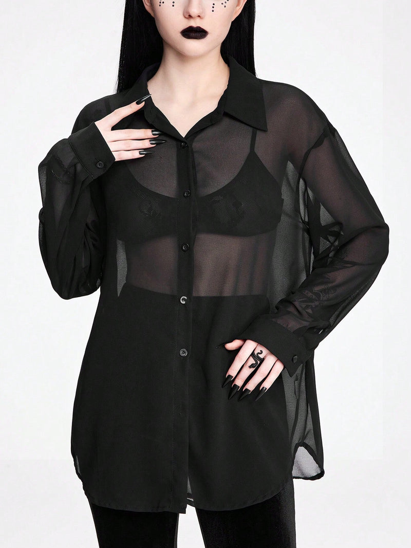 ROMWE Goth Camisa de mujer oscura gotica con transparencias y ajuste holgado, versatil