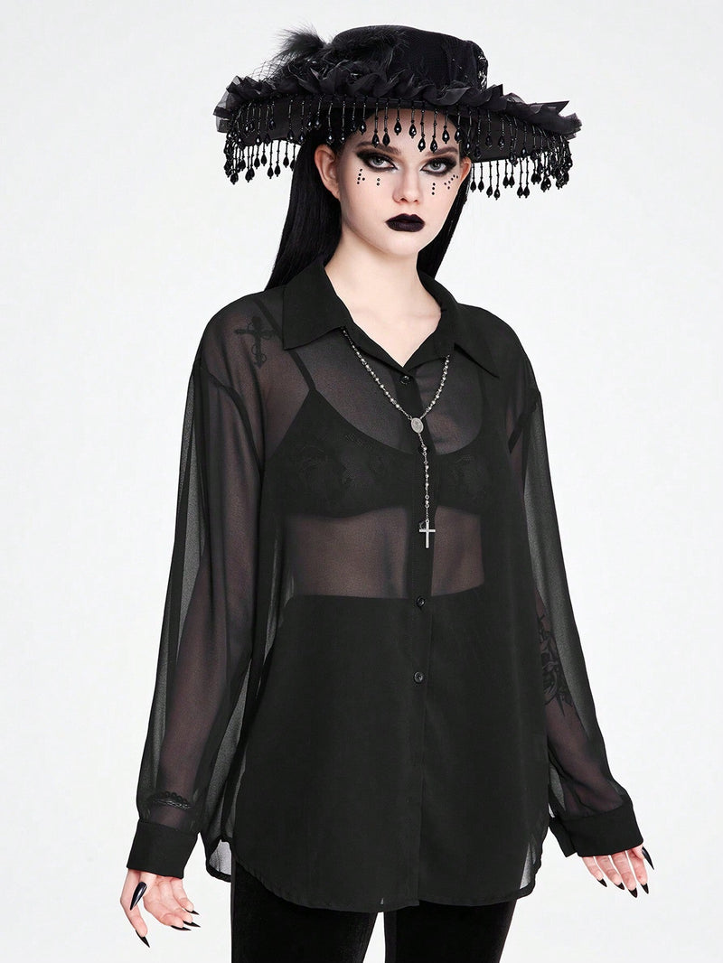 ROMWE Goth Camisa de mujer oscura gotica con transparencias y ajuste holgado, versatil