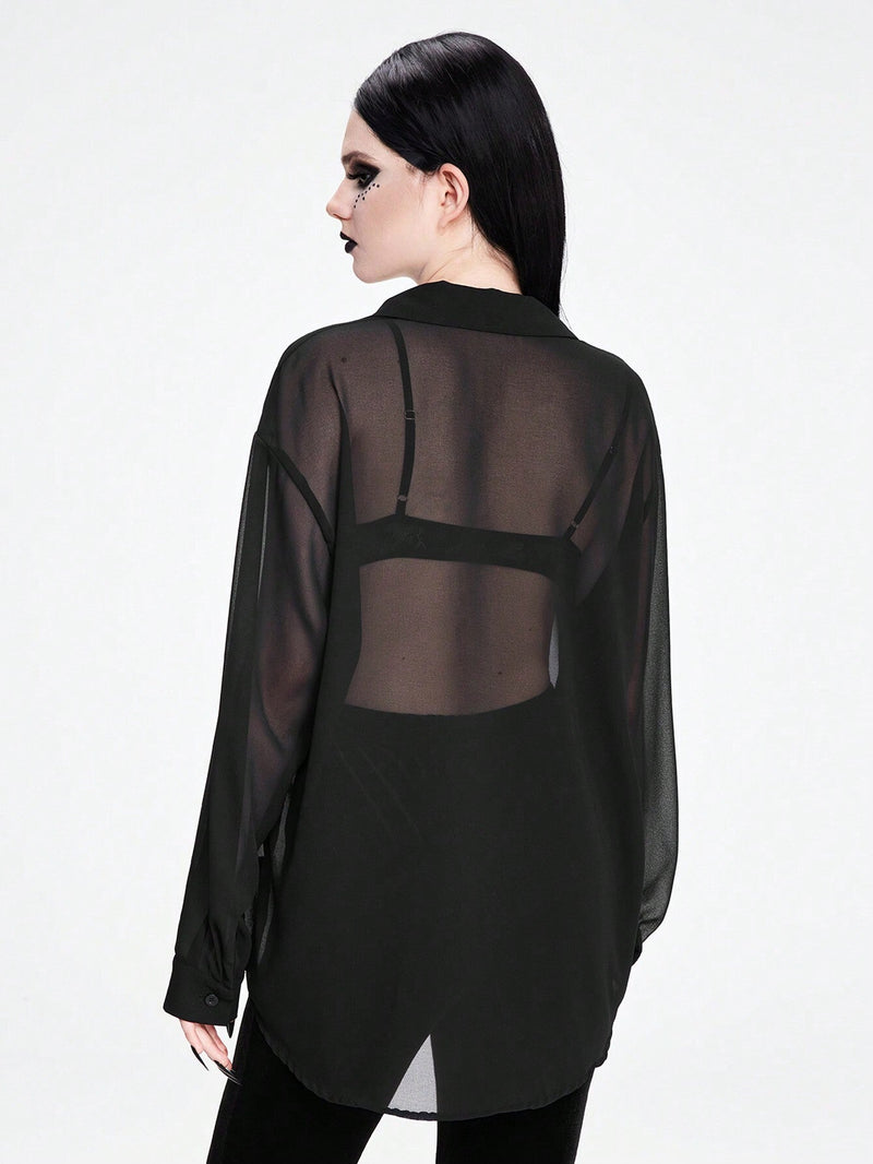 ROMWE Goth Camisa de mujer oscura gotica con transparencias y ajuste holgado, versatil