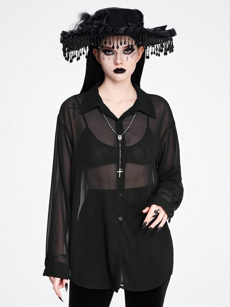 ROMWE Goth Camisa de mujer oscura gotica con transparencias y ajuste holgado, versatil