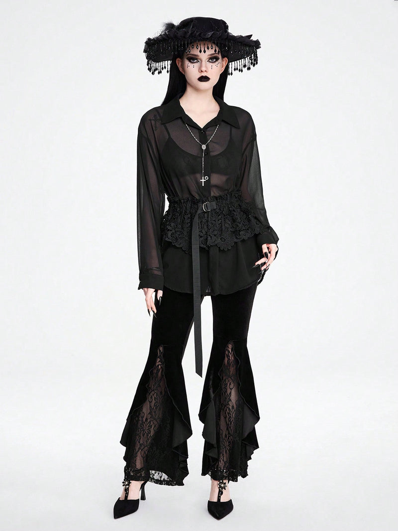 ROMWE Goth Camisa de mujer oscura gotica con transparencias y ajuste holgado, versatil