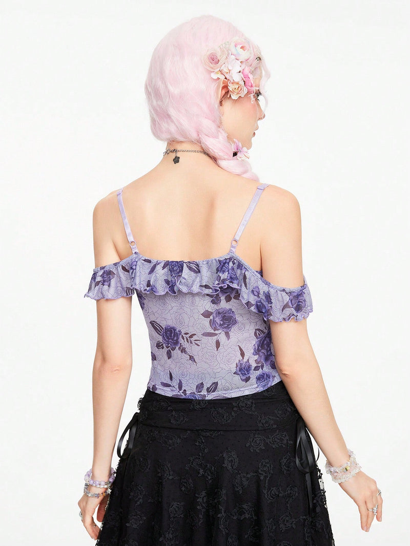 ROMWE Fairycore Blusa morada de mujer con estampado floral de verano, corte de hombros descubiertos y ribete de volantes