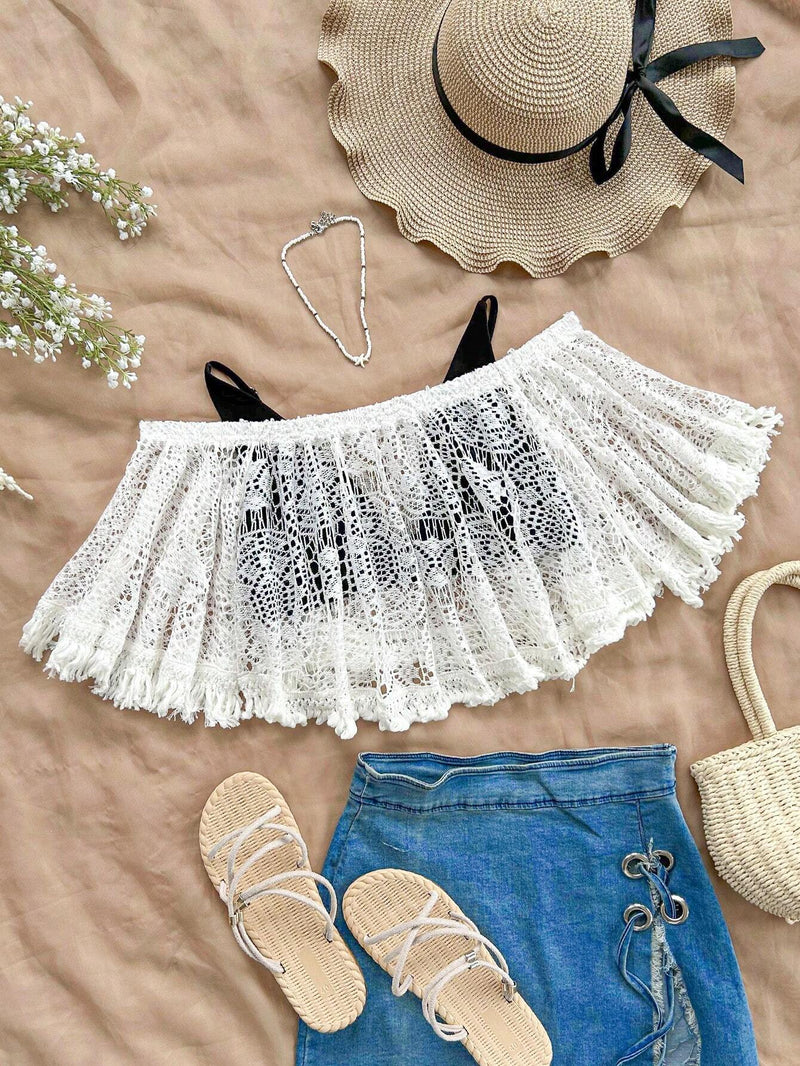 WYWH Top holgado estilo bohemio de crochet con espalda descubierta y borlas para mujeres, adecuado para vacaciones en la playa y festivales de musica. De color albaricoque y perfecto para fiestas de graduacion.