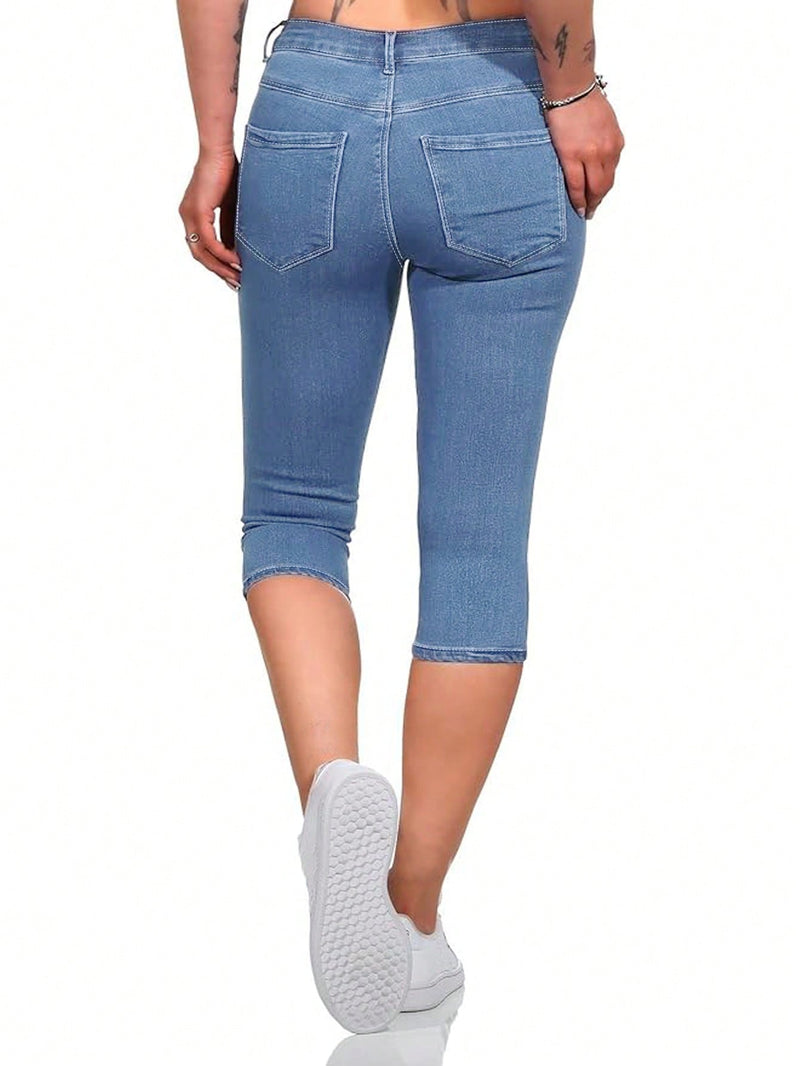 Pantalones capri de mezclilla lavados unicolor diarios simples para mujeres