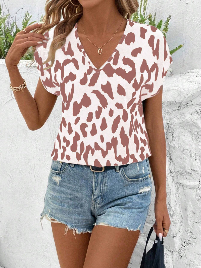 Camisa de trabajo de manga corta con estampado de leopardo para mujer de verano