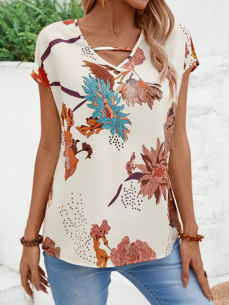 Blusa de manga corta con cuello en V y estampado de verano para mujer