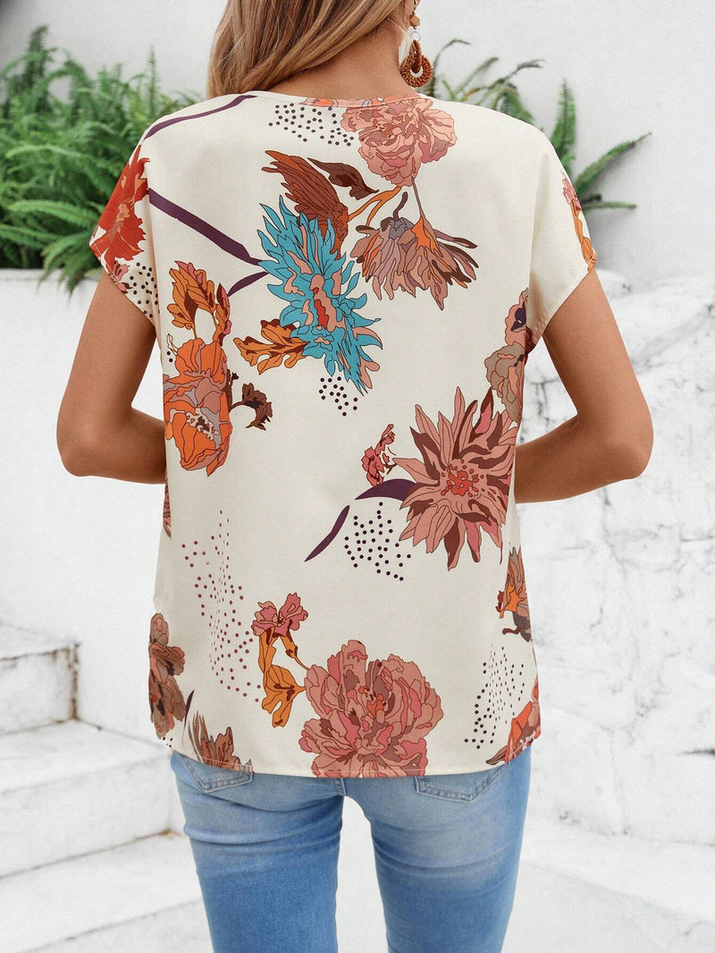 Blusa de manga corta con cuello en V y estampado de verano para mujer