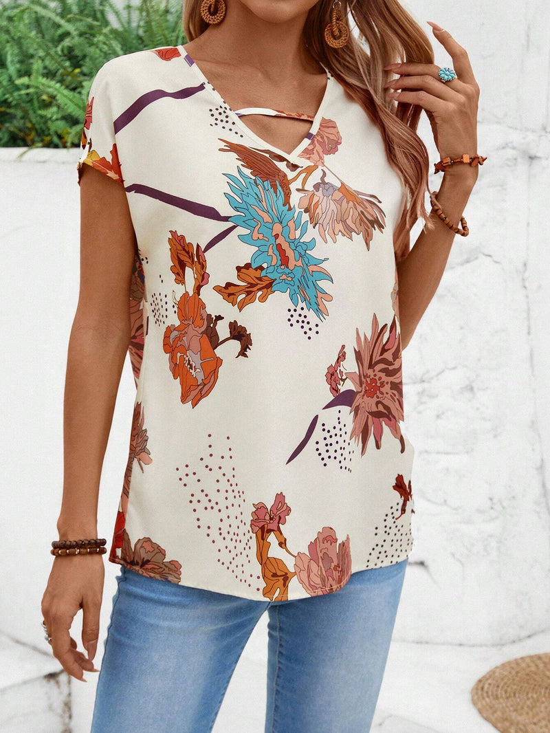 Blusa de manga corta con cuello en V y estampado de verano para mujer