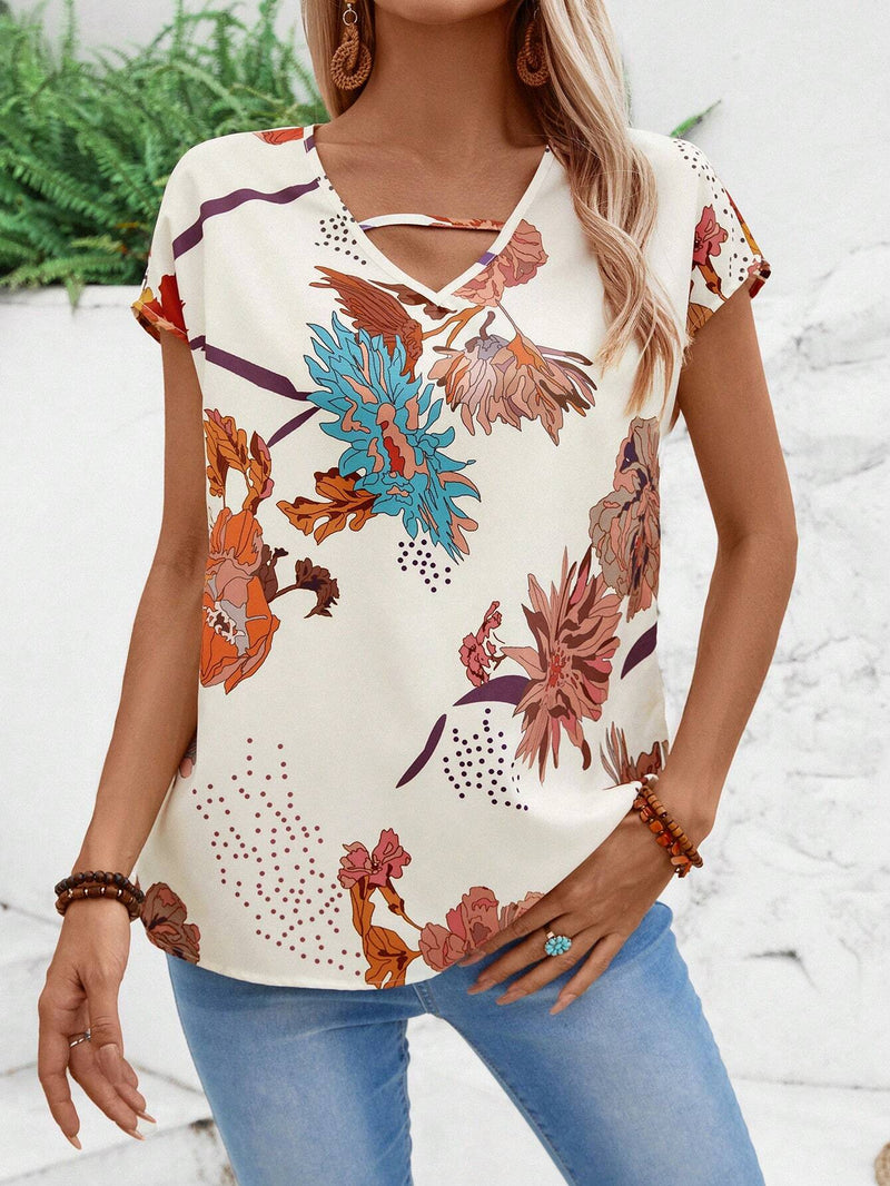 Blusa de manga corta con cuello en V y estampado de verano para mujer