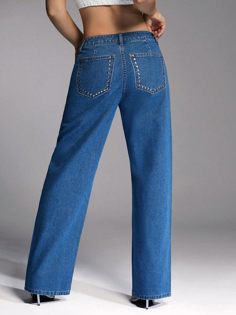 Forever 21 Jeans casuales azules con cintura alta y pernera ancha tratados con acabado de metal pesado