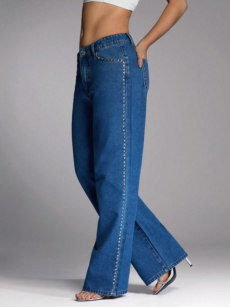 Forever 21 Jeans casuales azules con cintura alta y pernera ancha tratados con acabado de metal pesado