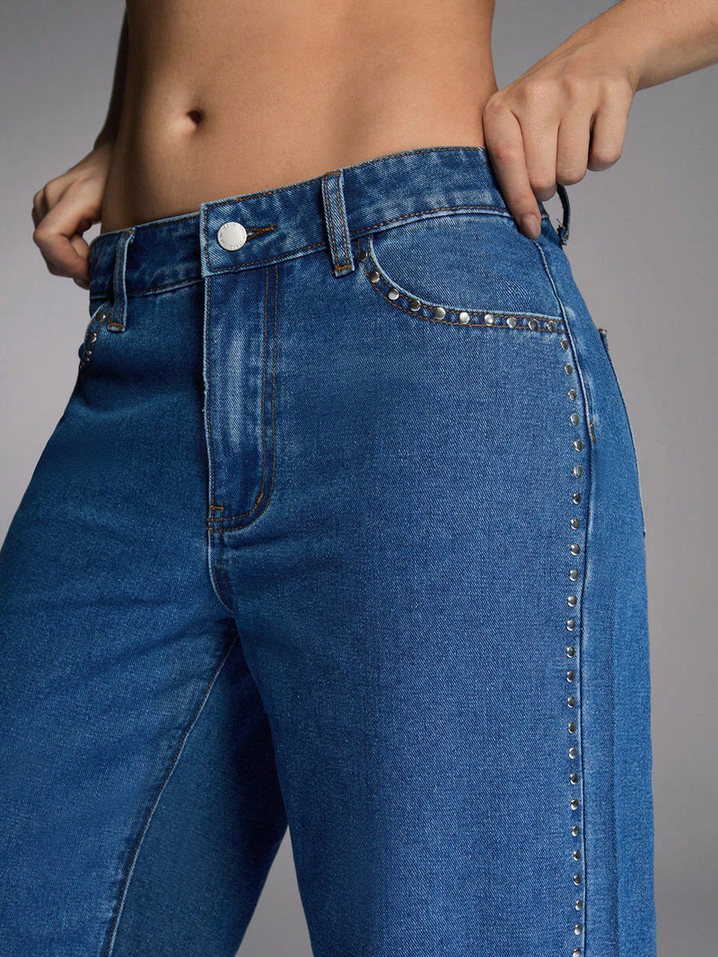 Forever 21 Jeans casuales azules con cintura alta y pernera ancha tratados con acabado de metal pesado