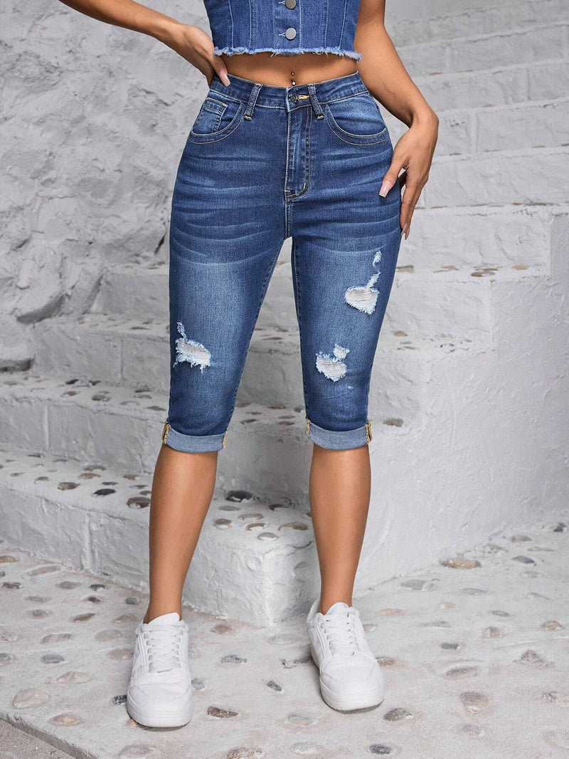 PETITE Jeans de longitud media ajustados de moda para mujeres con diseno desgastado