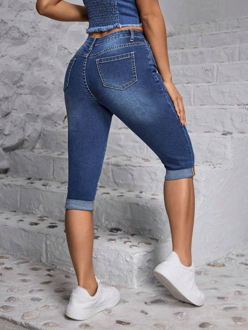 PETITE Jeans de longitud media ajustados de moda para mujeres con diseno desgastado