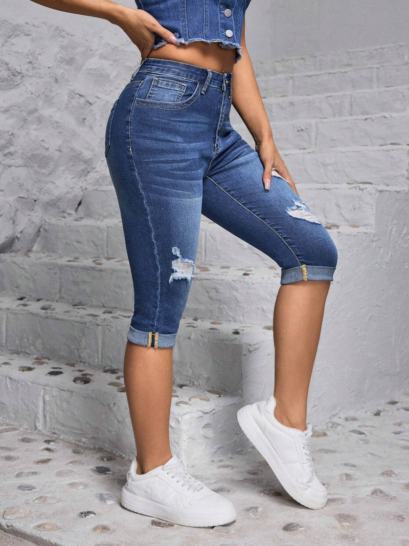 PETITE Jeans de longitud media ajustados de moda para mujeres con diseno desgastado