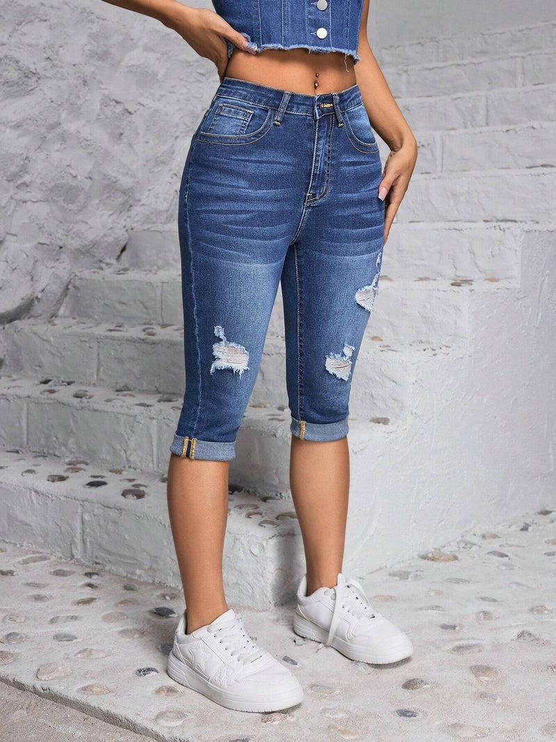 PETITE Jeans de longitud media ajustados de moda para mujeres con diseno desgastado