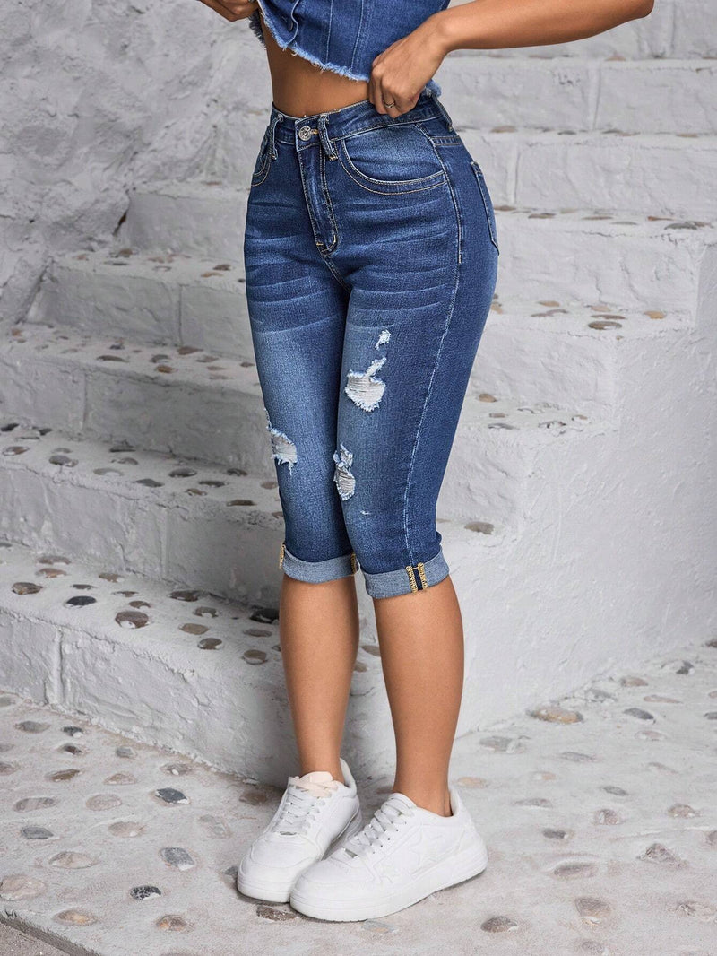 PETITE Jeans de longitud media ajustados de moda para mujeres con diseno desgastado