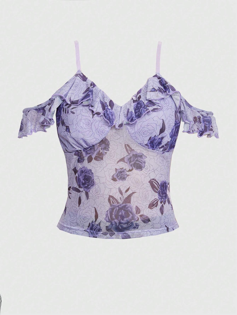 ROMWE Fairycore Blusa morada de mujer con estampado floral de verano, corte de hombros descubiertos y ribete de volantes