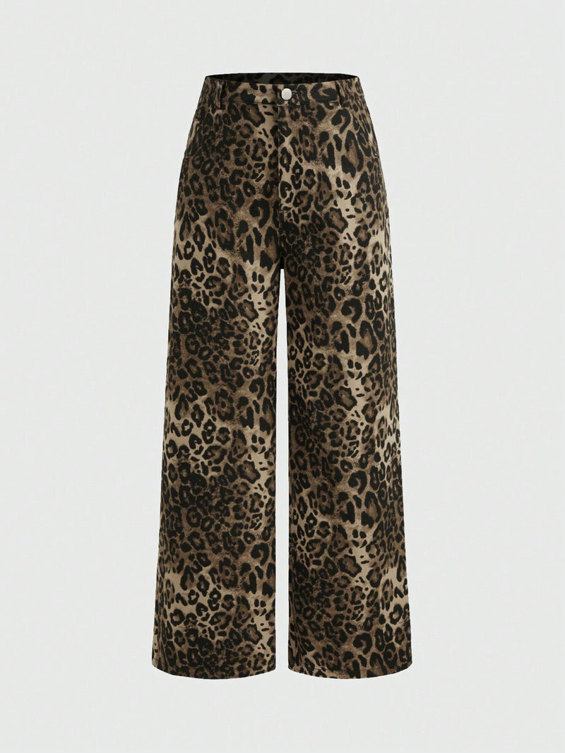 ROMWE Grunge Punk Jeans casuales Y2K de longitud completa con estampado de leopardo y pierna ancha para mujeres