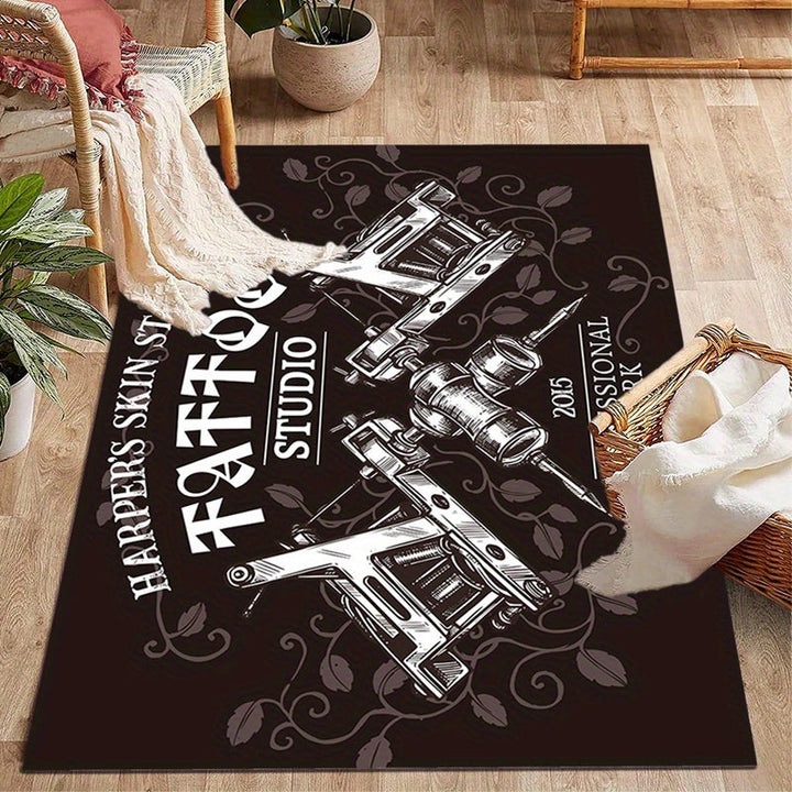 1pc Alfombra de poliéster antideslizante de Harper'S Skin Stories Tattoo Studio, alfombra de silla de oficina duradera, tela de terciopelo de cristal de alta densidad, lavable en máquina, para entrada, interior y uso exterior