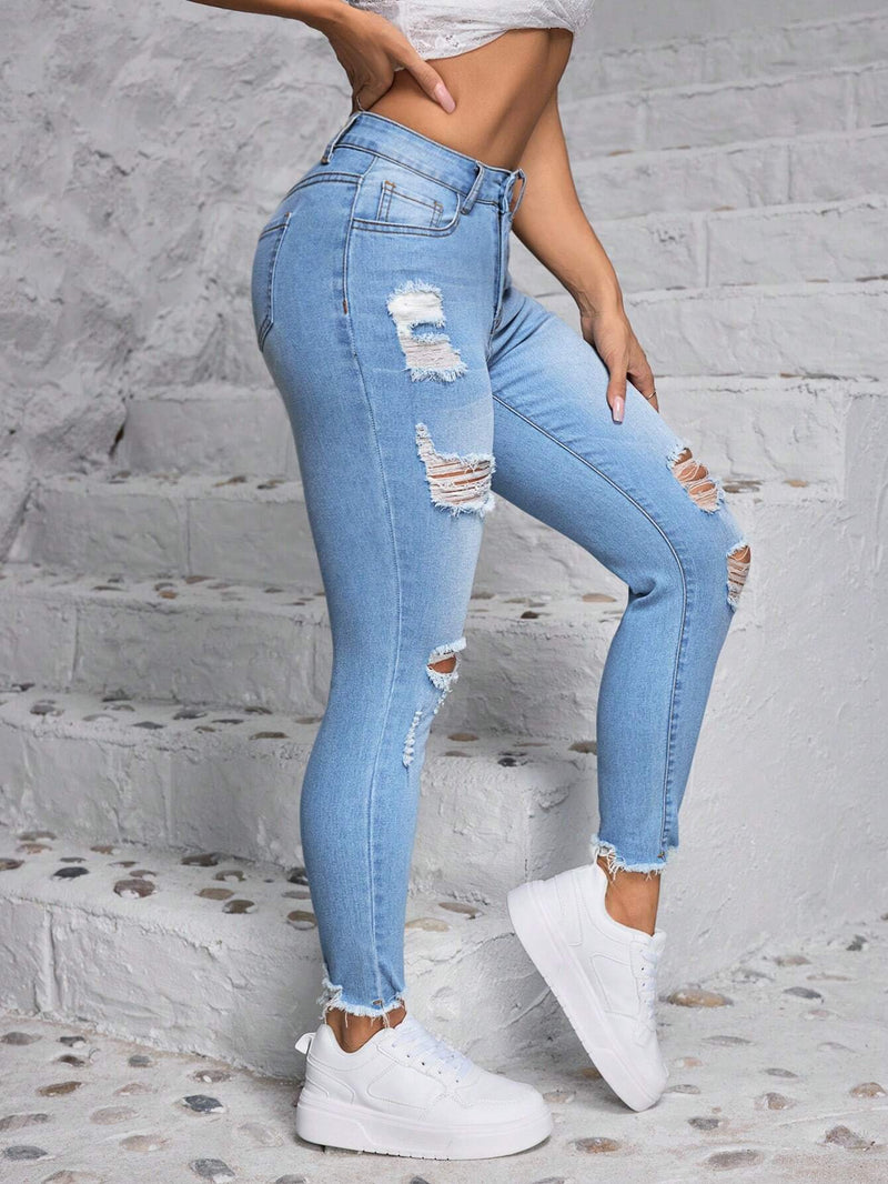 PETITE Jeans de mezclilla desgastados ajustados casuales para uso diario de mujer con bolsillos