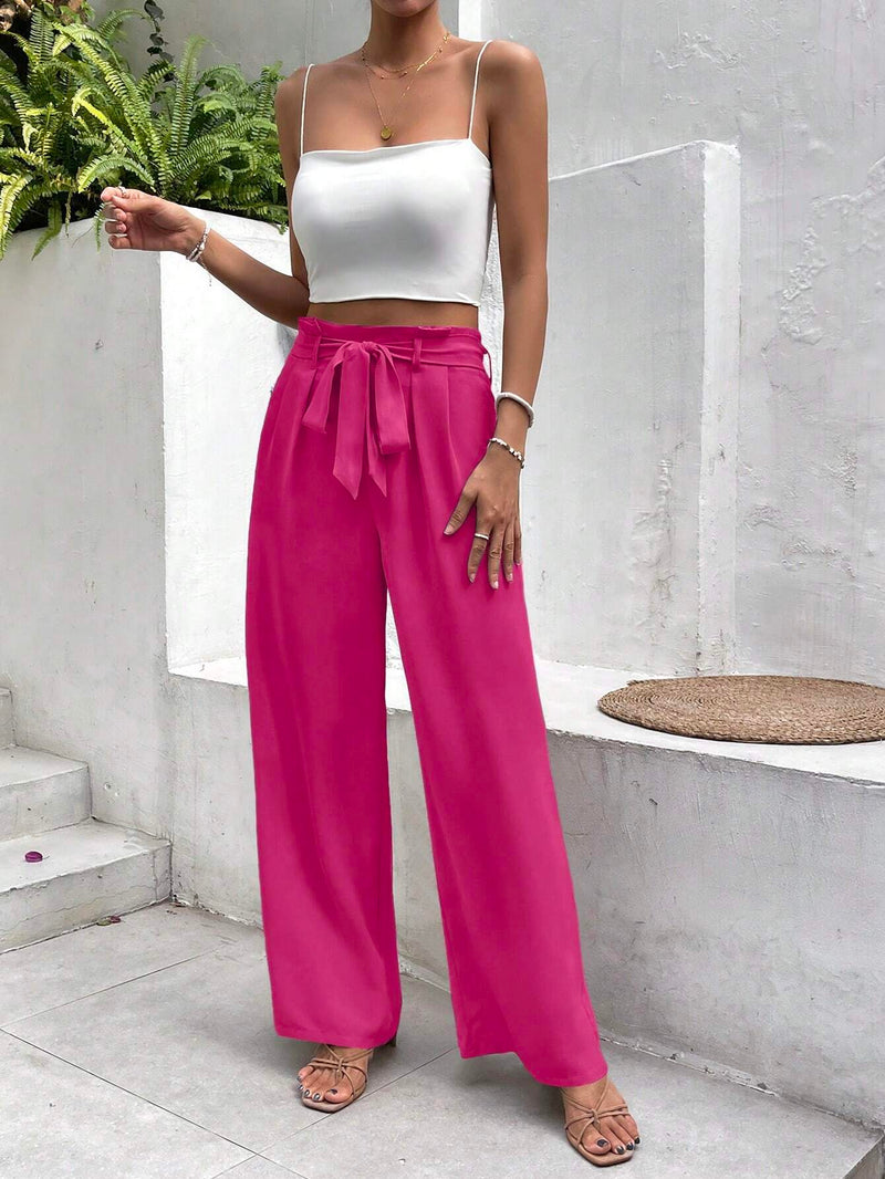 Frenchy Pantalones regulares sencillos y de un solo color para mujer, ropa diaria con cinturon