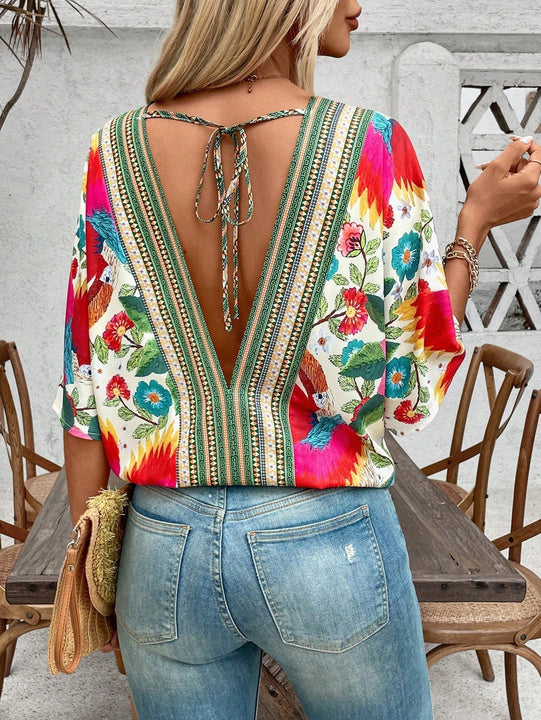 NEW  VCAY Camisa de verano con estampado completo y cuello en V para mujer