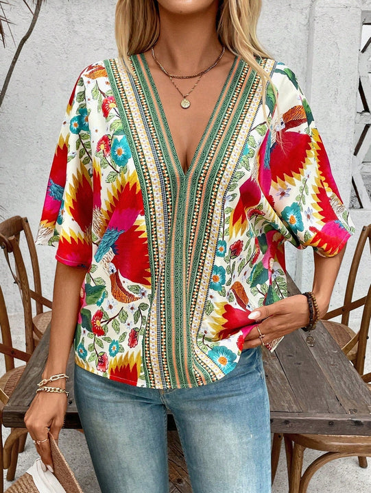 NEW  VCAY Camisa de verano con estampado completo y cuello en V para mujer