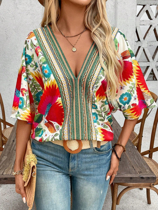 NEW  VCAY Camisa de verano con estampado completo y cuello en V para mujer