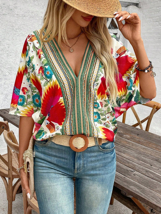 NEW  VCAY Camisa de verano con estampado completo y cuello en V para mujer