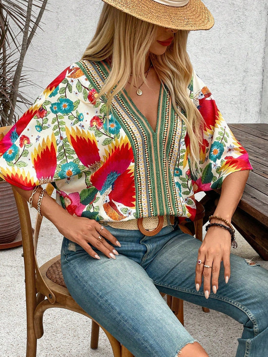 NEW  VCAY Camisa de verano con estampado completo y cuello en V para mujer