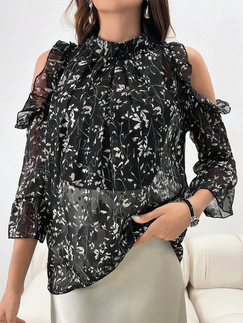 Blusa elegante de manga larga con ribete de volantes con estampado floral impreso para mujer y dobladillo con volantes empalmados.