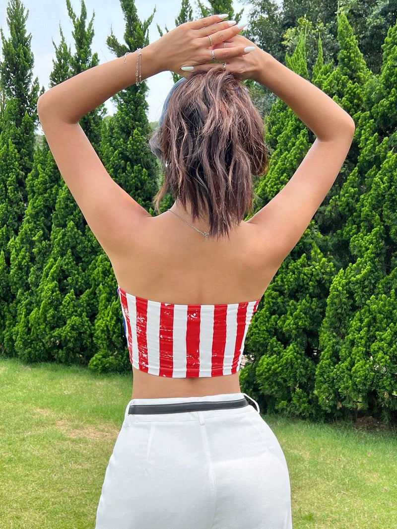 EZwear Top ajustado impreso con bandera de mujer tejido de punto