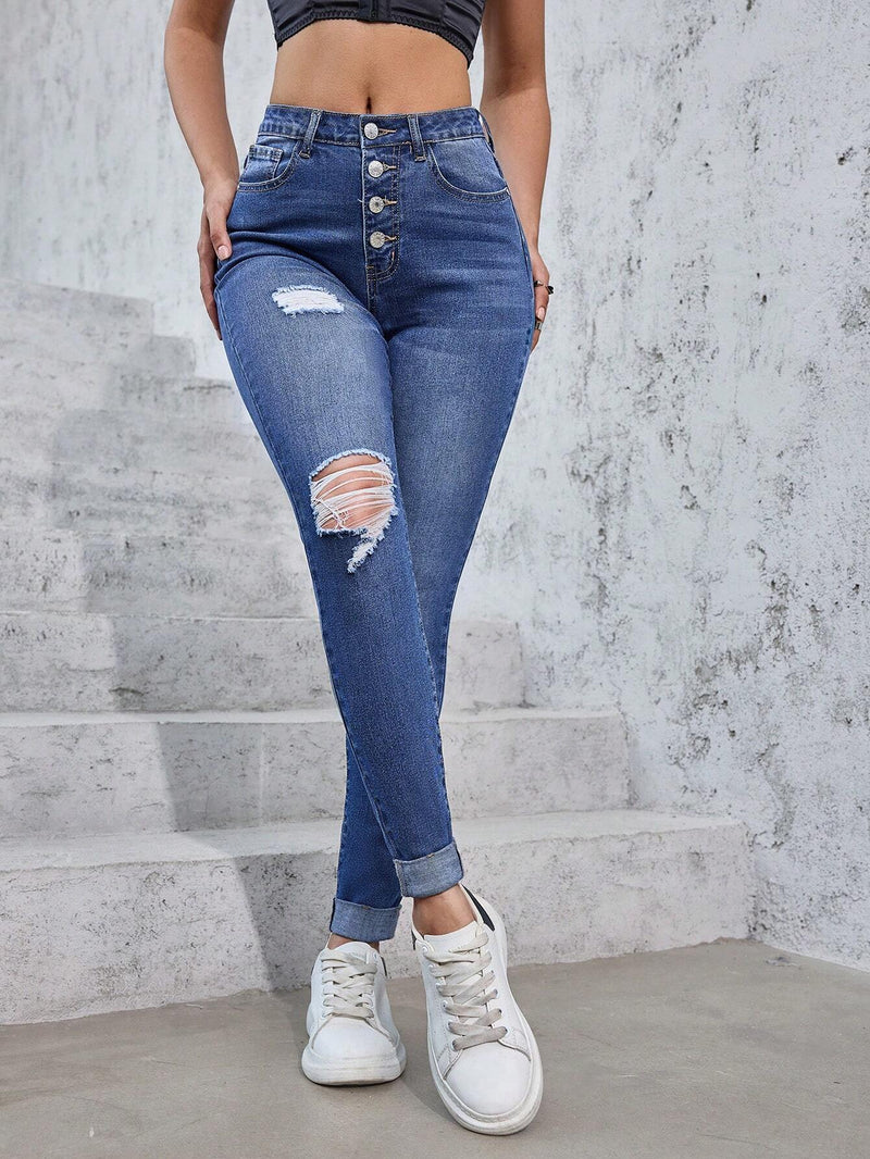 Jeans casuales ajustados para mujer con mosca de botones y parte frontal desgastada