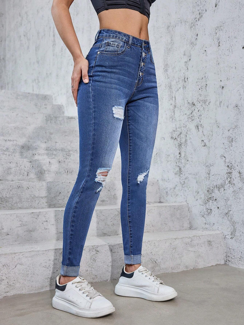 Jeans casuales ajustados para mujer con mosca de botones y parte frontal desgastada